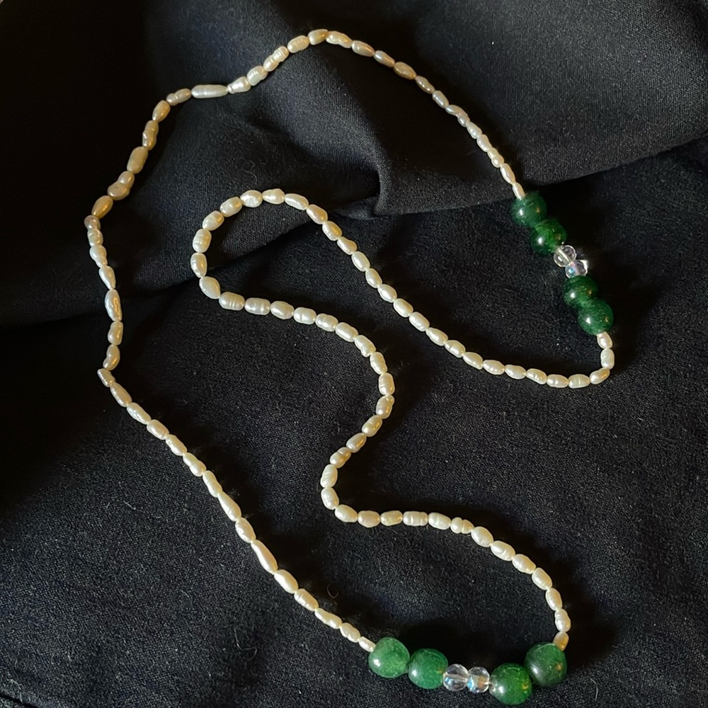 Vtg Auth Seed Fresh Water Pearl, Green Glass Bead & AB Crystal Long Necklace